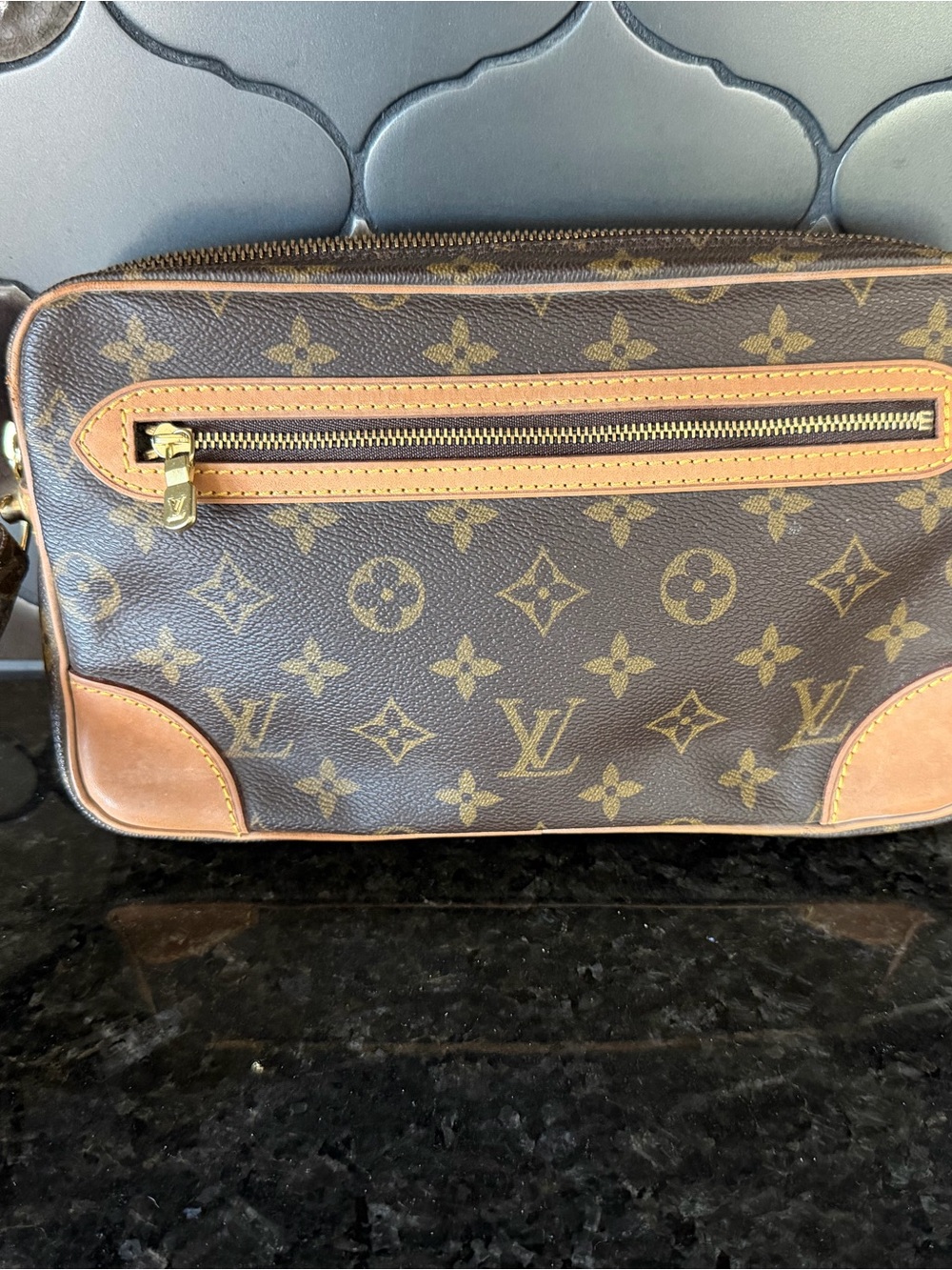 Louis Vuitton Monogram Toiletry Pouch in Brown with Tan Trim
